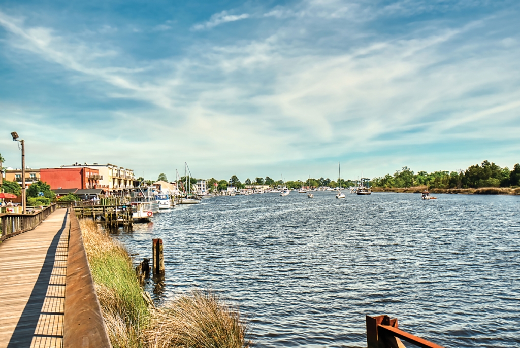 The HarborWalk in Georgetown offers scenic views of the Sampit River.