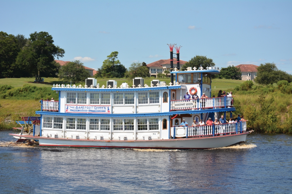 The Barefoot Queen Riverboat Cruise is a scenic sightseeing sunset dinner cruise that takes guests up and down the Intracoastal Waterway in a paddle wheel style boat.