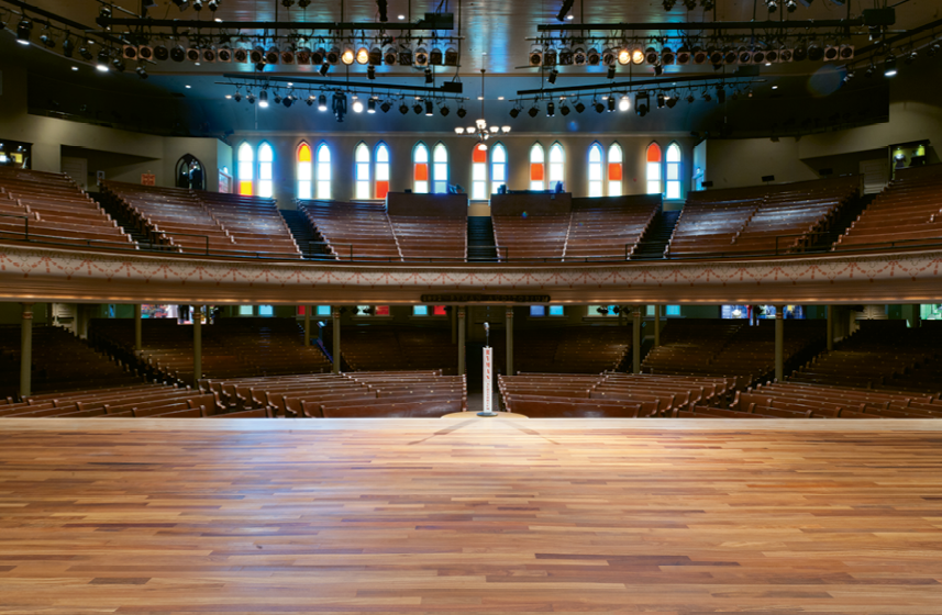 The design and original all-wood interior of the 2,300-seat Ryman Auditorium is known for its superior acoustics and its aesthetics.